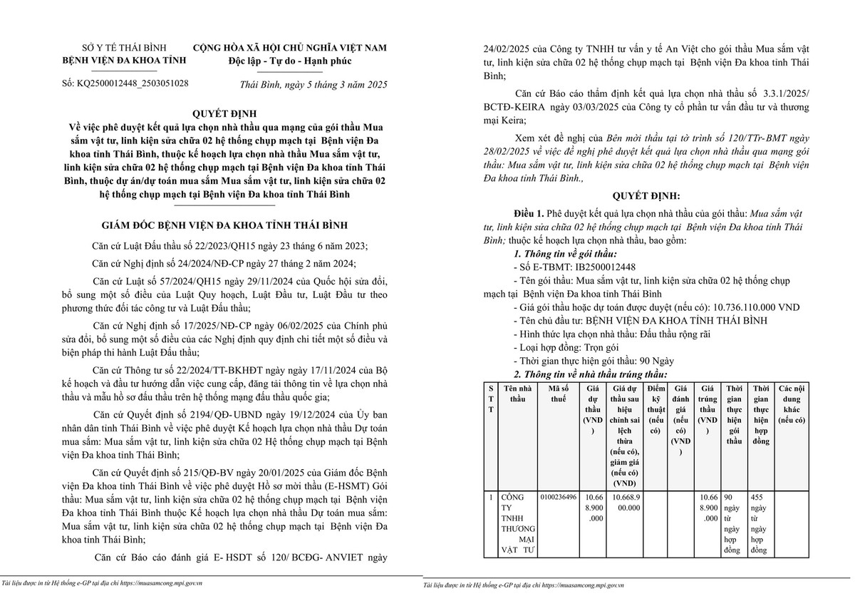 Gói thầu mua sắm thiết bị y tế tại BV đa khoa Thái Bình về tay ai? Goi thau mua sam thiet bi y te tai BV da khoa Thai Binh ve tay ai?