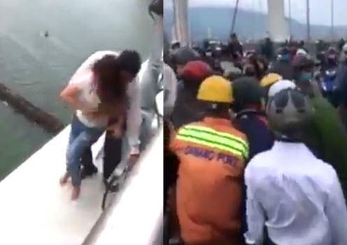 “Bé ơi, từ từ bé”, một người đàn ông nói. Nghe vậy, cô gái liền gỡ khẩu trang và ném đi nhưng vẫn đứng suy nghĩ có nên nhảy xuống sông Hàn hay không. Một người đàn ông mặc thường phục (chưa rõ có phải công an không) âm thầm leo qua lan can và cứu được cô gái. Cô cho biết do thất tình nên định nhảy cầu. 