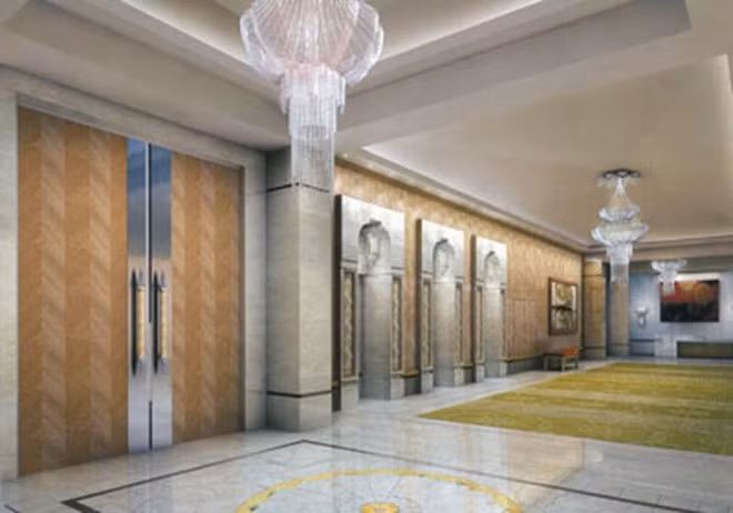Sảnh của tòa nhà nơi đặt 9 thang máy. Ảnh: Comedyflavors.