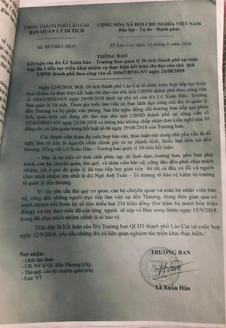 Kết luận của Trưởng Ban quản lý di tích thành phố Lào Cai về vụ "bốc hơi" hơn 200 triệu ở Đền Thượng