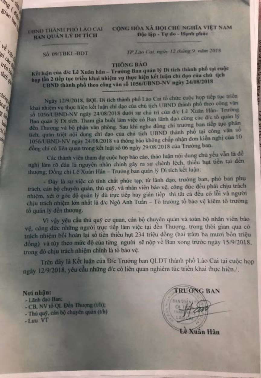 Kết luận của Trưởng Ban quản lý di tích thành phố Lào Cai về vụ "bốc hơi" hơn 200 triệu ở Đền Thượng