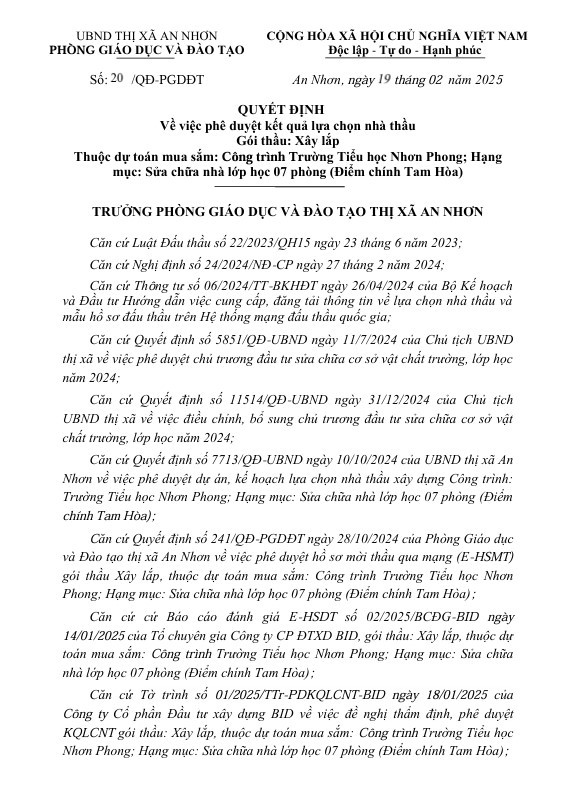 Binh Dinh: Cty Minh Thanh 1 ngay trung 2 goi thau tai Phong GD&DT An Nhon
