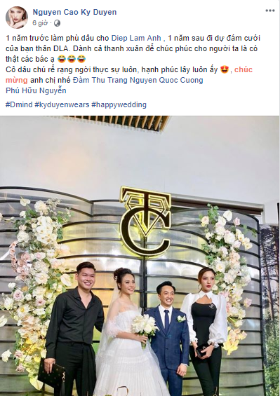 Trở về hôn lễ, Kỳ Duyên lần đầu tiên than vãn việc dành cả thanh xuân chỉ để đi dự đám cưới của người khác trên trang cá nhân, đồng thời không quên chúc phúc cho đôi tân lang tân nương Cường Đôla và Đàm Thu Trang: “Một năm trước làm phù dâu cho Diệp Lâm Anh, một năm sau đi dự đám cưới của bạn thân Diệp Lan Anh. Dành cả thanh xuân để chúc phúc cho người ta là có thật các bác ạ. Cô dâu chú rể rạng ngời thực sự luôn, hạnh phúc lây luôn ấy, chúc mừng anh chị nhé Đàm Thu Trang và Cường Đôla.”