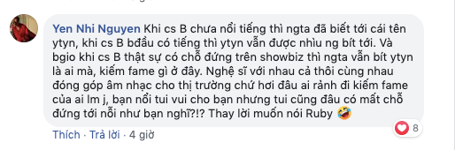 Chưa dừng lại ở đó, dưới bài viết của chị gái "người trong cuộc" Yến Nhi cũng mạnh dạn khẳng định: "Khi ca sĩ B chưa nổi tiếng thì người ta đã biết tới cái tên Yến Trang Yến Nhi, khi ca sĩ B bắt đầu có tiếng thì Yến Trang Yến Nhi vẫn được nhiều người biết tới.