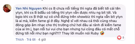Chưa dừng lại ở đó, dưới bài viết của chị gái "người trong cuộc" Yến Nhi cũng mạnh dạn khẳng định: "Khi ca sĩ B chưa nổi tiếng thì người ta đã biết tới cái tên Yến Trang Yến Nhi, khi ca sĩ B bắt đầu có tiếng thì Yến Trang Yến Nhi vẫn được nhiều người biết tới.