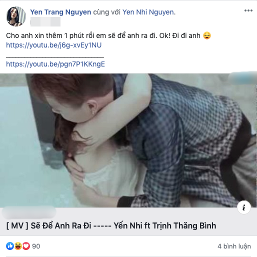 Trước đó ca sĩ Yến Trang viết: "Cho anh xin thêm một phút rồi em sẽ để anh ra đi. Ok! Đi đi anh". Dòng trạng thái của Yến Trang đã vô tình gợi nhắc đến mối quan hệ cũ giữa giọng ca Tâm sự tuổi 30 và Yến Nhi khiến nhiều người cảm thấy khó chịu.