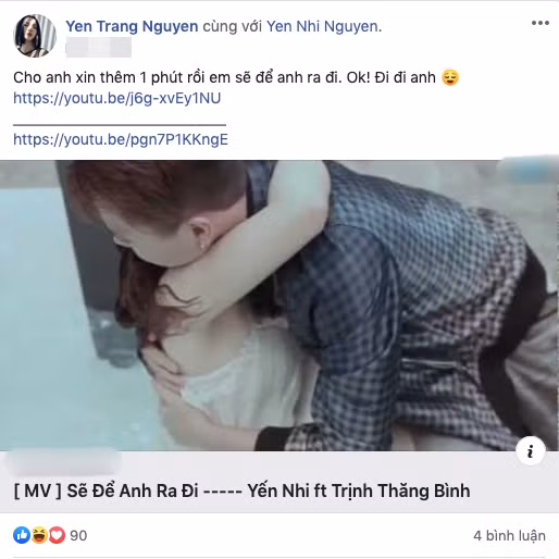 Trước đó ca sĩ Yến Trang viết: "Cho anh xin thêm một phút rồi em sẽ để anh ra đi. Ok! Đi đi anh". Dòng trạng thái của Yến Trang đã vô tình gợi nhắc đến mối quan hệ cũ giữa giọng ca Tâm sự tuổi 30 và Yến Nhi khiến nhiều người cảm thấy khó chịu.