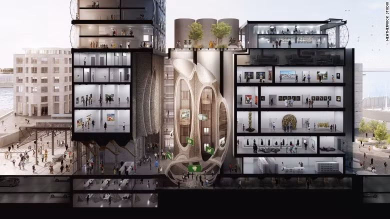 4. Bảo tàng nghệ thuật đương đại châu Phi Zeitz (Zeitz MOCAA), Cape Town. Zeitz MOCAA là một trong những dự án bảo tàng tham vọng nhất năm 2017. Chuyển đổi từ công trình lịch sử Grain Silo Complex bên bờ sông ở Cape Town, Zeitz MOCAA có diện tích 9.200 m2. Khi hoàn thành, đây sẽ là bảo tàng lớn nhất tại châu Phi. Zeitz MOCAA là công trình sáng tạo của hãng kiến trúc Heatherwick Studio tại London. Các kiến trúc sư đã giữ lại những yếu tố lịch sử của tòa nhà, bao gồm những ống bê tông khổng lồ ở trung tâm.