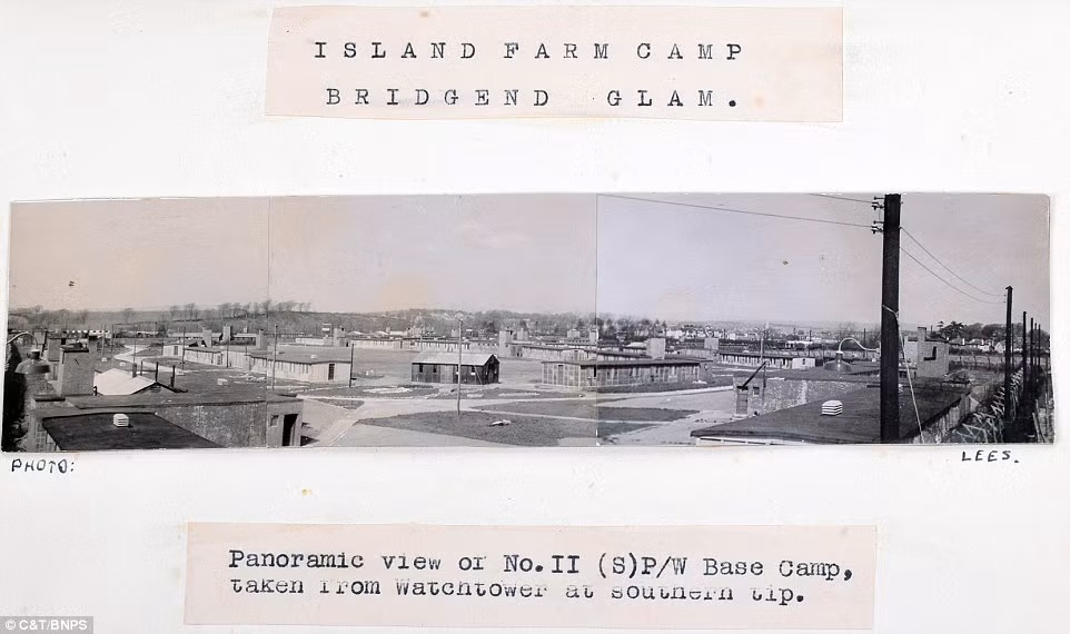 Ảnh toàn cảnh trại tù binh chiến tranh có tên Island Farm nằm tại Bridgend được chụp từ một tháp canh hồi những năm 1940.