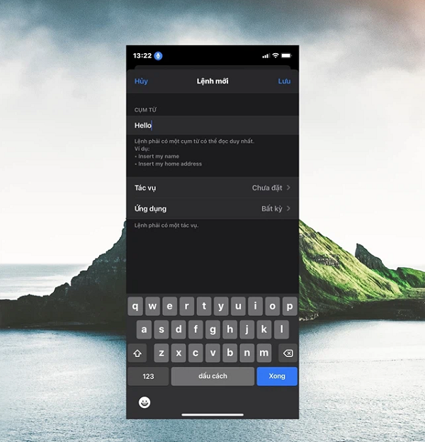 Trong phần "Lệnh mới", bạn hãy nhập câu lệnh dùng để yêu cầu iPhone mở khóa. Lưu ý: câu lệnh áp dụng chỉ hỗ trợ tiếng Anh. Sau đó nhấn vào "Tác vụ".
