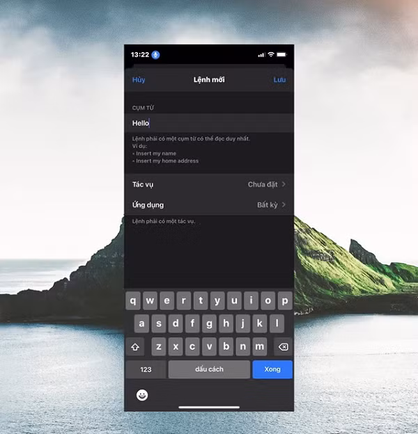 Trong phần "Lệnh mới", bạn hãy nhập câu lệnh dùng để yêu cầu iPhone mở khóa. Lưu ý: câu lệnh áp dụng chỉ hỗ trợ tiếng Anh. Sau đó nhấn vào "Tác vụ".