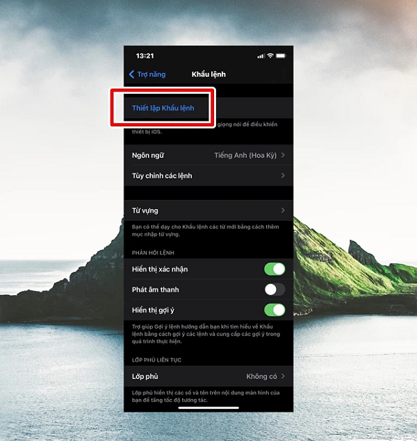 Trong menu thiết lập của "Khẩu lệnh", bạn hãy nhấn vào dòng "Thiết lập Khẩu lệnh".