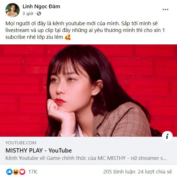 Ngọc Linh Đàm PR bằng cách chia sẻ trên Facebook cá nhân của mình rằng sẽ livestream trên kênh YouTube mới của MisThy. Thậm chí nhận luôn đây là kênh YouTube mới của mình.