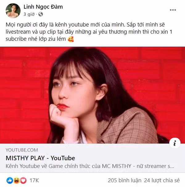 Ngọc Linh Đàm PR bằng cách chia sẻ trên Facebook cá nhân của mình rằng sẽ livestream trên kênh YouTube mới của MisThy. Thậm chí nhận luôn đây là kênh YouTube mới của mình.