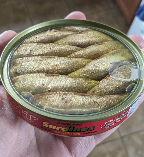 Những con cá mòi này được đóng gói bằng nắp trong suốt, nhìn là đã muốn ăn.