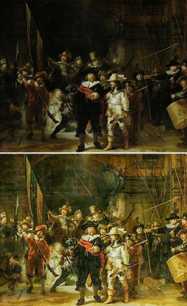 Bức tranh The Night Watch của họa sĩ Hà Lan - Rembrandt van Rijn cho ta biết bối cảnh diễn ra là vào ban đêm. Nhưng vào năm 1947, sau khi giới chuyên gia làm sạch bức tranh bằng bồ hóng, họ đã phát hiện ra bối cảnh của kiệt tác này là ánh sáng ban ngày.