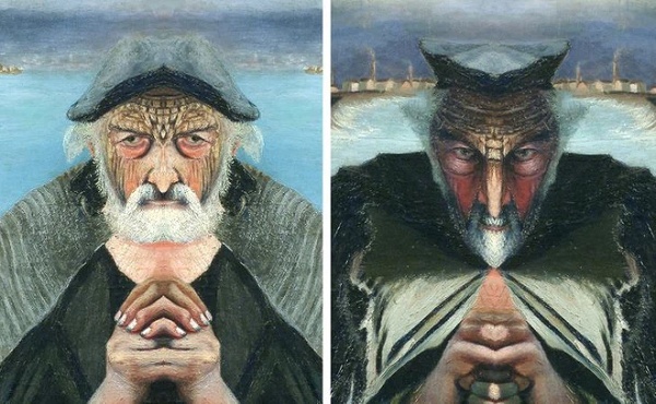 Nếu đặt gương phản chiếu vẻ mặt bên trái, khuôn mặt của ông lão bỗng trở nên hiền dịu hơn với đôi tay chắp lại, phía sau là vùng biển hoàn toàn tĩnh lặng. Ngược lại, nếu đặt gương phản chiếu vẻ mặt bên phải, ông lão lập tức trở nên vô cùng đáng sợ với gương mặt của quỷ dữ và sóng biển cuộn trào phía sau.