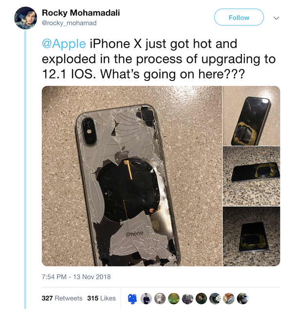Năm 2018, một chiếc iPhone X của người dùng sống tại Federal Way, Washington (Mỹ) bỗng nhiên bị phát nổ khi đang được cập nhật lên iOS 12.1.