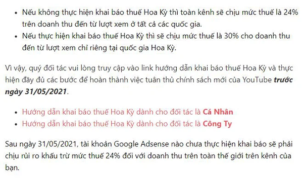 Tuy nhiên, không phải tất cả thu nhập sẽ bị ảnh hưởng, mà chỉ thu nhập từ người xem ở Mỹ. Bởi công ty mẹ của họ là Google làm điều này theo Chương 3 của Bộ luật thuế nội địa Mỹ. 