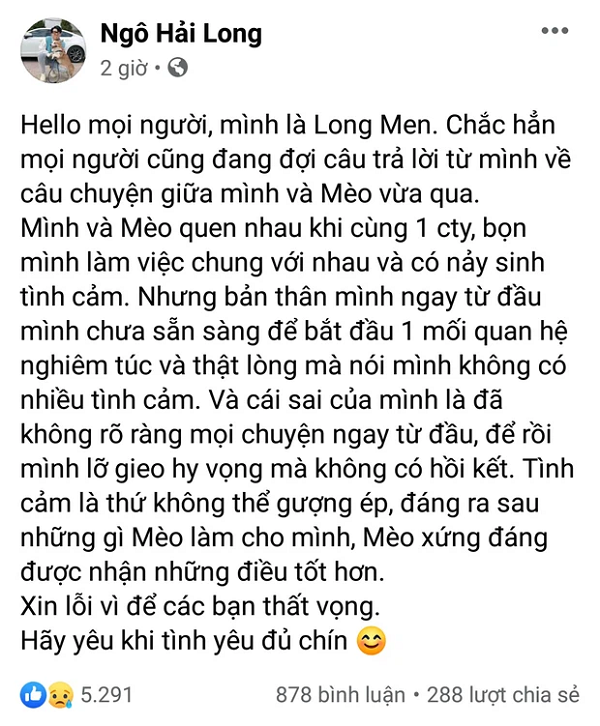 Cuối cùng, nam chính trong câu chuyện đã lên tiếng. TikToker Long Men đã đăng tải một dòng trạng thái khá dài trên trang cá nhân.