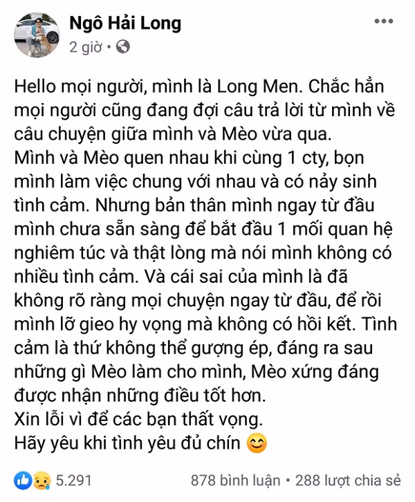 Cuối cùng, nam chính trong câu chuyện đã lên tiếng. TikToker Long Men đã đăng tải một dòng trạng thái khá dài trên trang cá nhân.