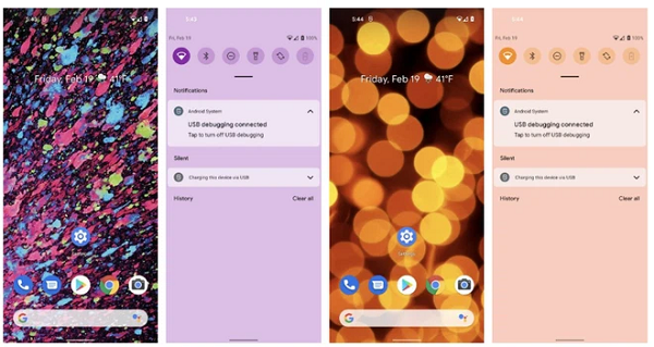 Một tính năng khá thú vị nữa đó là thay đổi màu sắc chủ đạo của hệ thống dựa trên hình nền của Android 12. Màu sắc hình nền có thể được áp dụng cho cả trung tâm thông báo, menu cài đặt và màn hình khóa giúp thiết bị đồng bộ hơn.