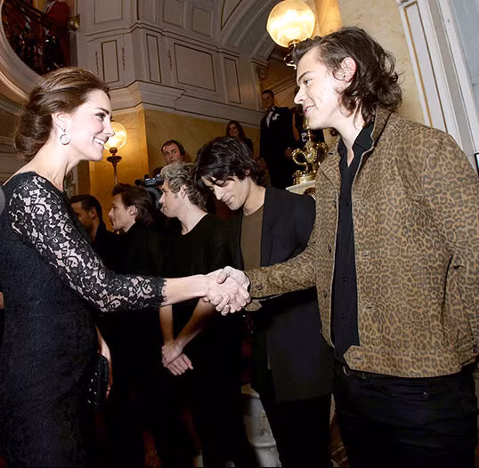 Công nương xứ Cambridge Kate Middleton nở nụ cười tươi, bắt tay từng thành viên trong nhóm nhạc One Direction trong một buổi biểu diễn Royal Variety Performance 2014 tháng 11 vừa rồi. “Đó là khoảnh khắc lo lắng nhất trong cuộc đời tôi” – Liam Payne, thành viên 1D nói về buổi gặp gỡ các nhân vật hoàng gia.
