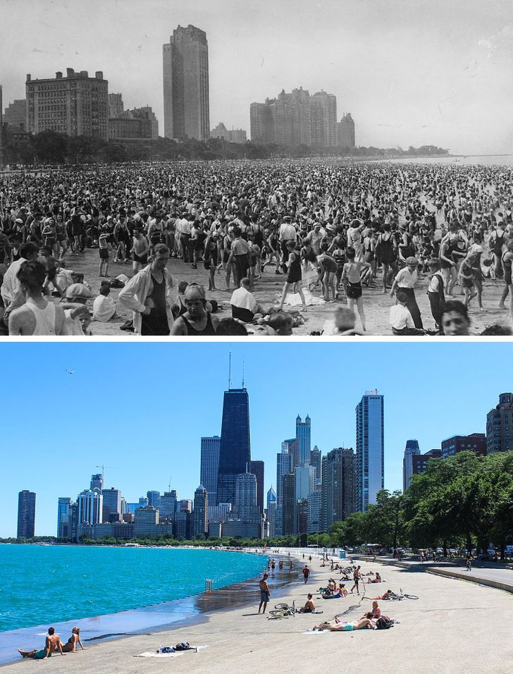 Oak Street Beach ở Chicago, Mỹ là bãi biển đông người dân lui tới vào mùa Hè. Ngày nay, bãi biển này vẫn là địa điểm lui tới của người dân Mỹ nghỉ ngơi, tắm biển và vui chơi. Những tòa nhà cao tầng gần bãi biển hiện này xuất hiện nhiều hơn so với thời điểm năm 1925.