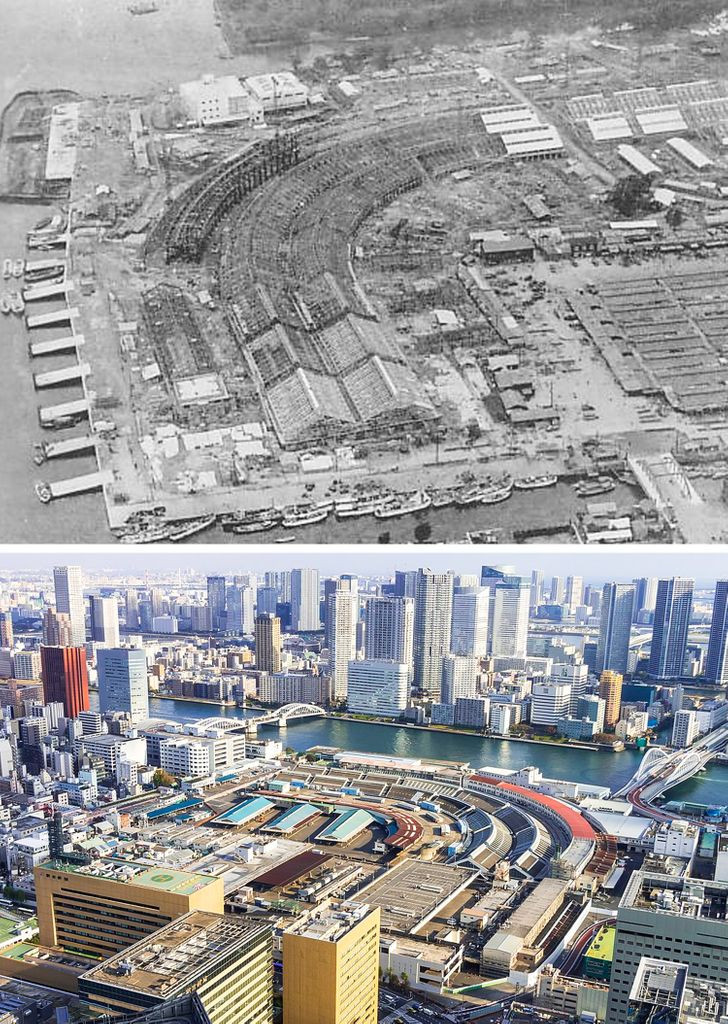 Chợ cá Tsukiji ở Tokyo, Nhật Bản năm 1926 - 1945 có sự "thay da đổi thịt lớn" khi ngày càng trở nên hiện đại và sầm uất hơn trước.