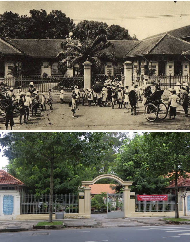 Cảnh tan trường của nữ sinh Pháp Marie Curie trước đây và trường Marie Curie ngày nay.