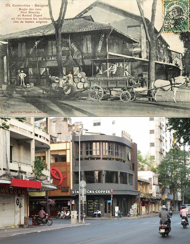 Tiệm bán rượu chát của ông Poujade de Ladevèze cuối thế kỷ 19 - góc đường Paul Blanchy (Hai Bà Trưng) và rue d’ Amiral Dupré (Đông Du), quận 1. Hình ảnh từ công trường Mê Linh đầu đường Hai Bà Trưng đi về hướng bắc ở phía trái.