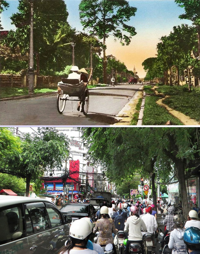 Đường Paul Blanchy năm 1947 vẫn còn nhỏ hẹp, vắng xe, nhà hai bên ít, với hàng cây xanh dọc hai bên đường, phía xa là nhà thờ Tân Định và đường Hai Bà Trưng ngày nay.