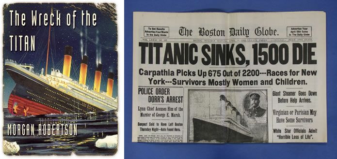 Một trong những sự kiện trùng hợp đến khó tin xảy ra trong lịch sử liên quan đến vụ chìm tàu Titanic. Cụ thể, vào năm 1898, nhà văn Morgan Robertson xuất bản cuốn tiểu thuyết có tựa đề “The wreck of the Titan”. Nội dung cuốn sách kể về chuyến đầu tiên và cũng là cuối cùng của con tàu tên Titan.