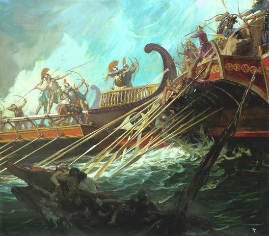 Trong khi đó, tàu chiến của người Hy Lạp được trang bị đầy đủ với nhiều loại vũ khí. Nhờ vậy, lực lượng Hy Lạp đẩy lùi nhiều đợt tấn công của người Ba Tư.