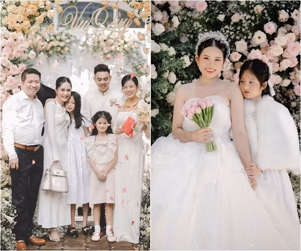 Ba cô công chúa nhỏ nhà Đoàn Di Băng xúng xính váy áo dự đám cưới cô bảo mẫu của mình.