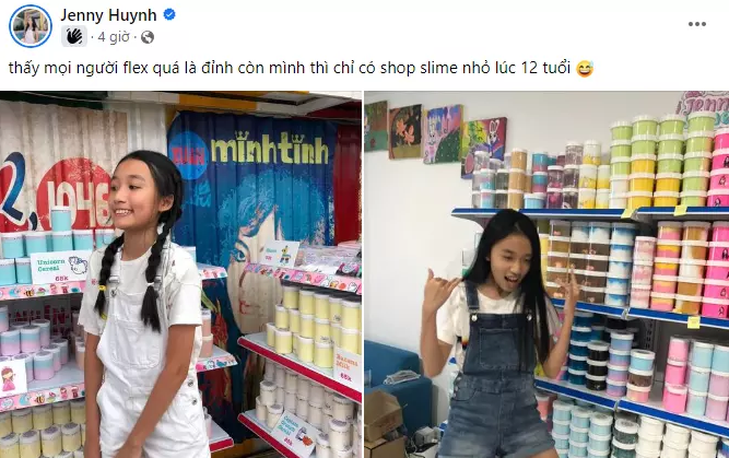 Xuất hiện trong nhóm, Youtuber Jenny Huỳnh tiết lộ chuyện kinh doanh của mình. “Thấy mọi người flex quá là đỉnh còn mình thì chỉ có shop slime nhỏ lúc 12 tuổi”, cô bạn viết và đính kèm 2 hình ảnh của mình ngày đó.