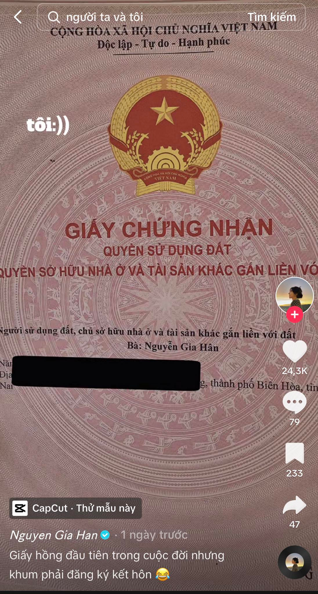Mới đây, bạn gái cũ Hoàng Đức chia sẻ lên TikTok cá nhân hình ảnh tấm bìa hồng mang tên Nguyễn Gia Hân. Qua hình ảnh này netizen đoán được cô đang khoe việc mình sở hữu bất động sản mà nhiều người mơ ước. Ảnh chụp màn hình