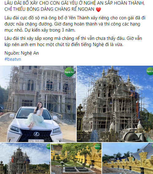 Mới đây, trên Fanpage Nghệ An xuất hiện bài đăng hình ảnh về căn lâu đài đang hoàn thiện của một ông bố dành tặng con gái.