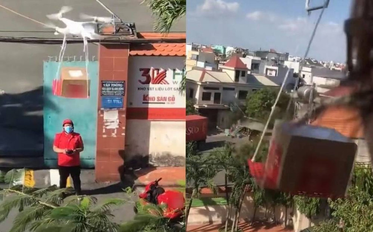Hình ảnh một nam shipper đang đứng dưới đường và điều khiển chiếc flycam vô cùng chuyên nghiệp. Trên đó, thùng hàng được buộc lại và "bay" về phía tòa nhà cô gái ở phía đối diện để giao hàng.