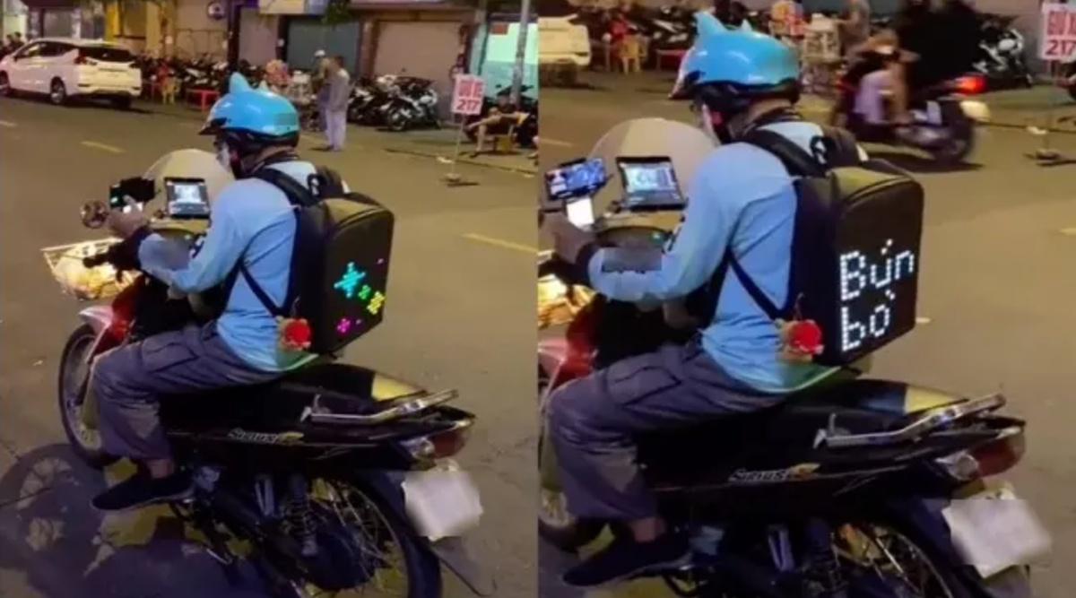 Anh chàng chịu chơi khi sắm nguyên combo công nghệ để đi giao bún bò.