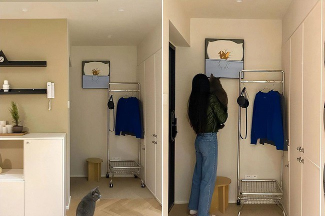 Sau khi dọn vào một thời gian, cô đã sơn thêm một bức tranh để trang trí hộp điện, không chỉ che đi mà còn tránh sự đơn điệu của bức tường trắng.