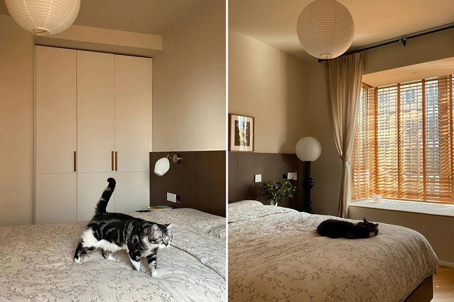 Đầu giường được làm bằng gỗ veneer. Rèm gỗ và rèm gạc, tạo nên bầu không khí yên tĩnh và cổ điển.