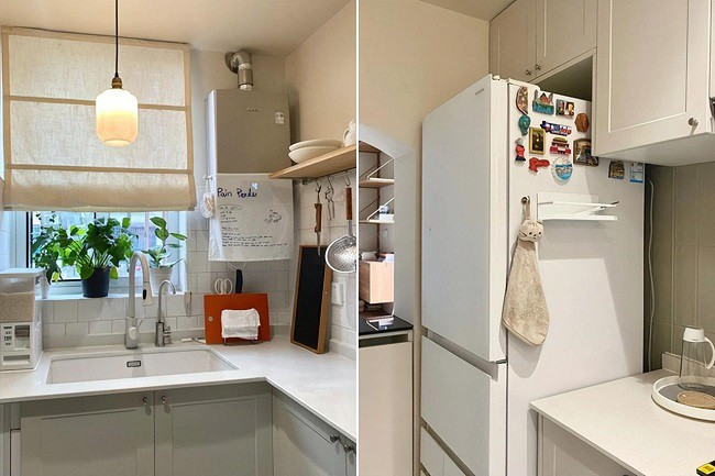 Để tối đa hóa vẻ đẹp và tính thực dụng của căn bếp, gia chủ đã thiết kế bố cục hình chữ U, tông màu tổng thể chủ yếu là màu trắng