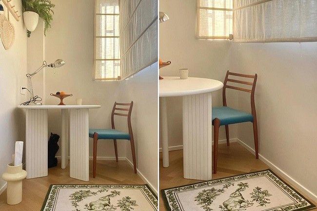 Có một ban công nhỏ bên ngoài phòng ngủ. Tại đây, gia chủ đặt một chiếc bàn tròn màu trắng là nơi lý tưởng để làm việc và thưởng trà.