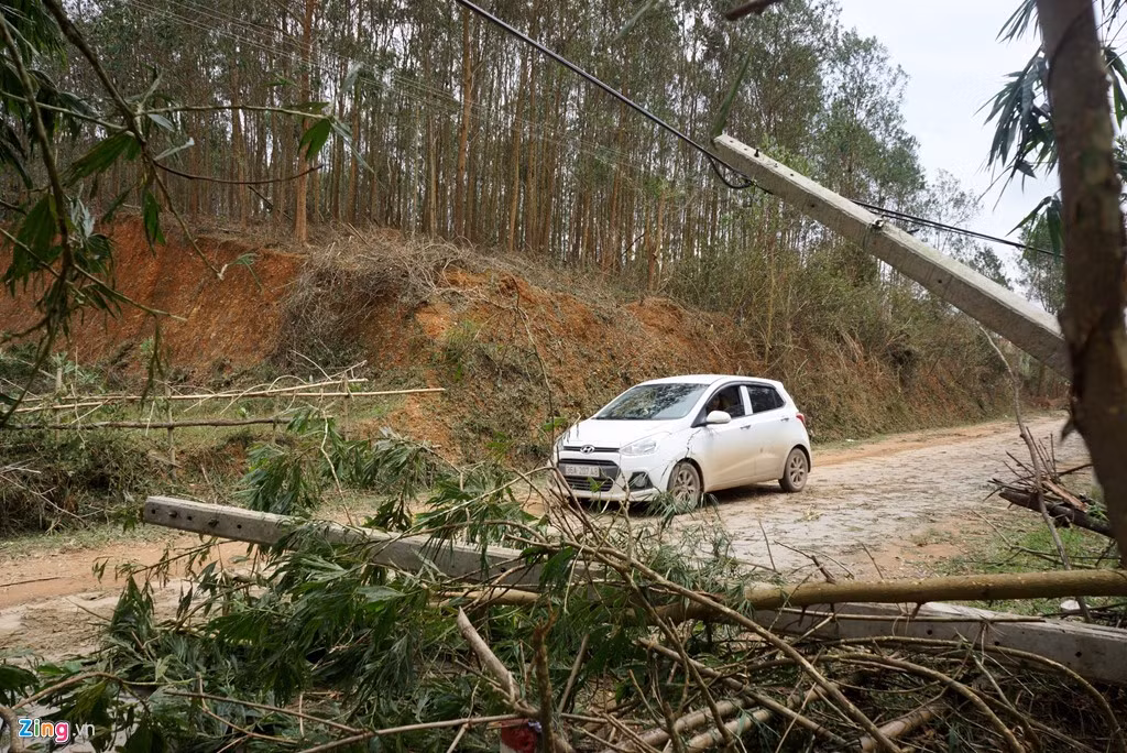Giông lốc khiến nhiều cột điện gãy đổ, nằm chắn ngang tỉnh lộ 506, đoạn qua địa bàn xã Mậu Lâm gây cản trở giao thông. Địa phương này vẫn mất điện trên diện rộng. Ảnh: Zingnews.