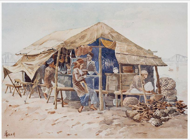 Tranh thể hiện một cửa hàng ăn được dựng lên ven đê sông Hồng. Hậu cảnh là hình cây cầu Doumer, tức cầu Long Biên ngày nay.