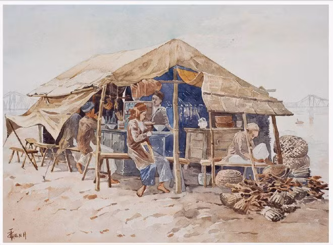 Tranh thể hiện một cửa hàng ăn được dựng lên ven đê sông Hồng. Hậu cảnh là hình cây cầu Doumer, tức cầu Long Biên ngày nay.