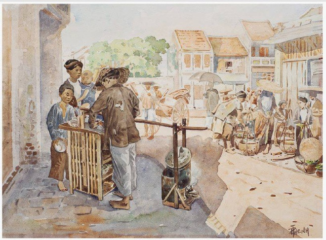 Một góc đường phố họp chợ với những phụ nữ trong bộ tứ thân, nón quai thao cùng các gánh hàng. Tiền cảnh là phở gánh lưu động quen thuộc của Hà Nội trước tháng 8 năm 1945.