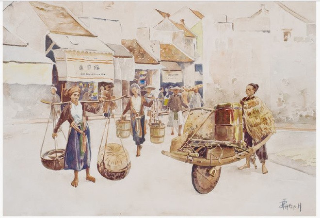 Cảnh sinh hoạt ở một ngã ba đường thể hiện người cửu vạn mặc áo tơi đẩy hàng bằng xe tay bánh gỗ, những phụ nữ với gánh hàng trên vai và cả người gánh nước. Dạo xưa ở Hà Nội có nghề gánh nước thuê và nghề này vào đầu năm mới "ăn nên làm ra" vì được gia chủ mừng tuổi lấy may.