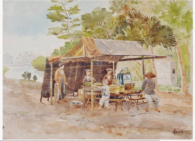 Một quán nước giải khát dựng tạm nằm ven hồ (hoặc sông). Hình ảnh xe điếu hút thuốc lào, hay gọi là điếu bát quen thuộc dạo xưa nhưng rất lạ lẫm đối với người trẻ hiện tại.